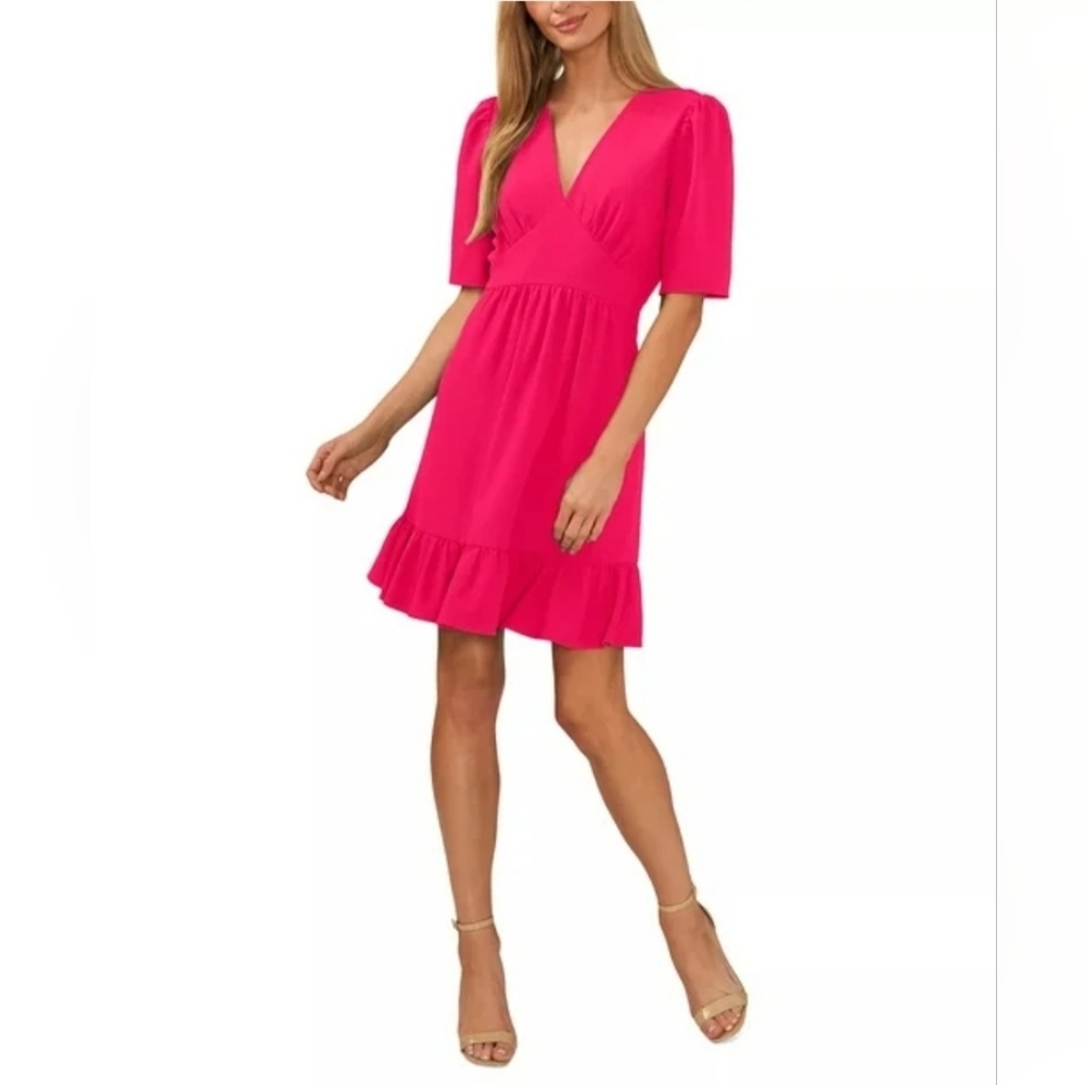 CeCe Women's V-Neck Ruffle-Hem Elbow-Sleeve Mini Dress Size 14 Pink Peacock